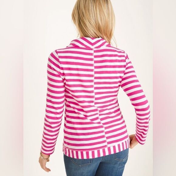 Chico’s Zenergy pink/white striped mixed drawstring cowl cotton top Size 1(8/10) - Picture 2 of 7